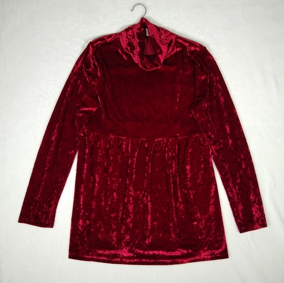 Women's Large Crimson Red Crushed Velvet Empire Waist Long Sleeve Mini Dress - Picture 1 of 8